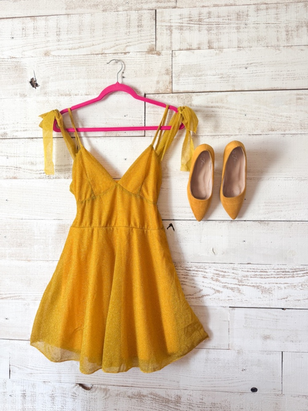 Yellow Sparkle Tie-Shoulder Skater Dress with Matching Flats